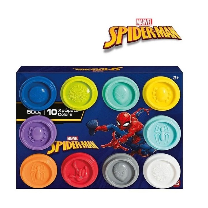 Plastilina Spiderman, Set cu 10 Recipiente si Capace Forme, 500g, 3ani+, 22x4x17cm