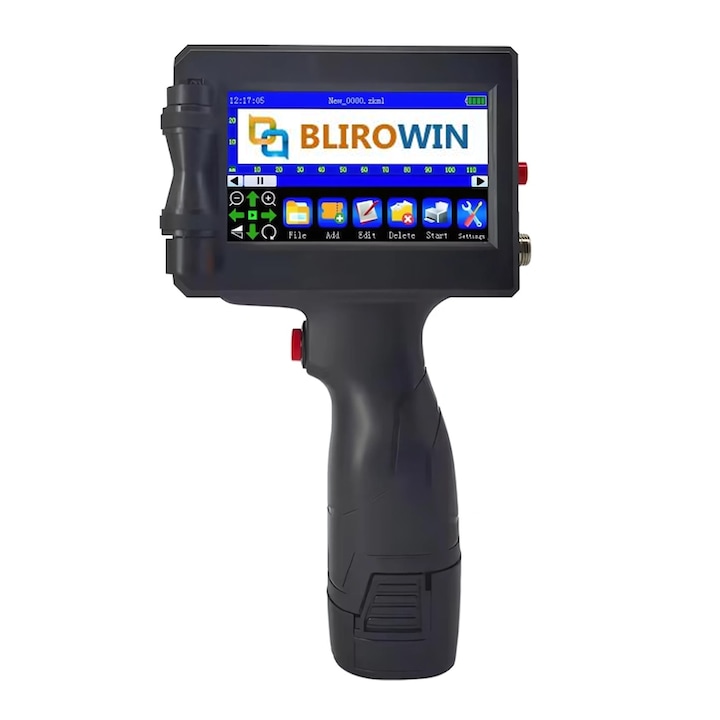 Imprimanta de mana portabila tip pistol BLIROWIN® cu touchscreen, imprimare logo, coduri de bare, date de expirare, coduri QR, compatibila pe suprafete multiple, cerneala cu uscare rapida, cartus negru lucios, dimensiune imprimare 1-12.7mm