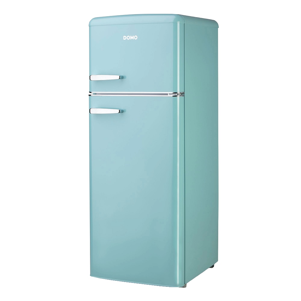 Frigider Retro DOMO, capacitate 206 litri, H 144.5 cm, congelator 44 litri, temperatura reglabila, 4 rafturi din sticla, 3 compartimente pe usa, compartiment fructe/legume, iluminare interioara, manere ergonomice, picioare ajustabile, blue pastel