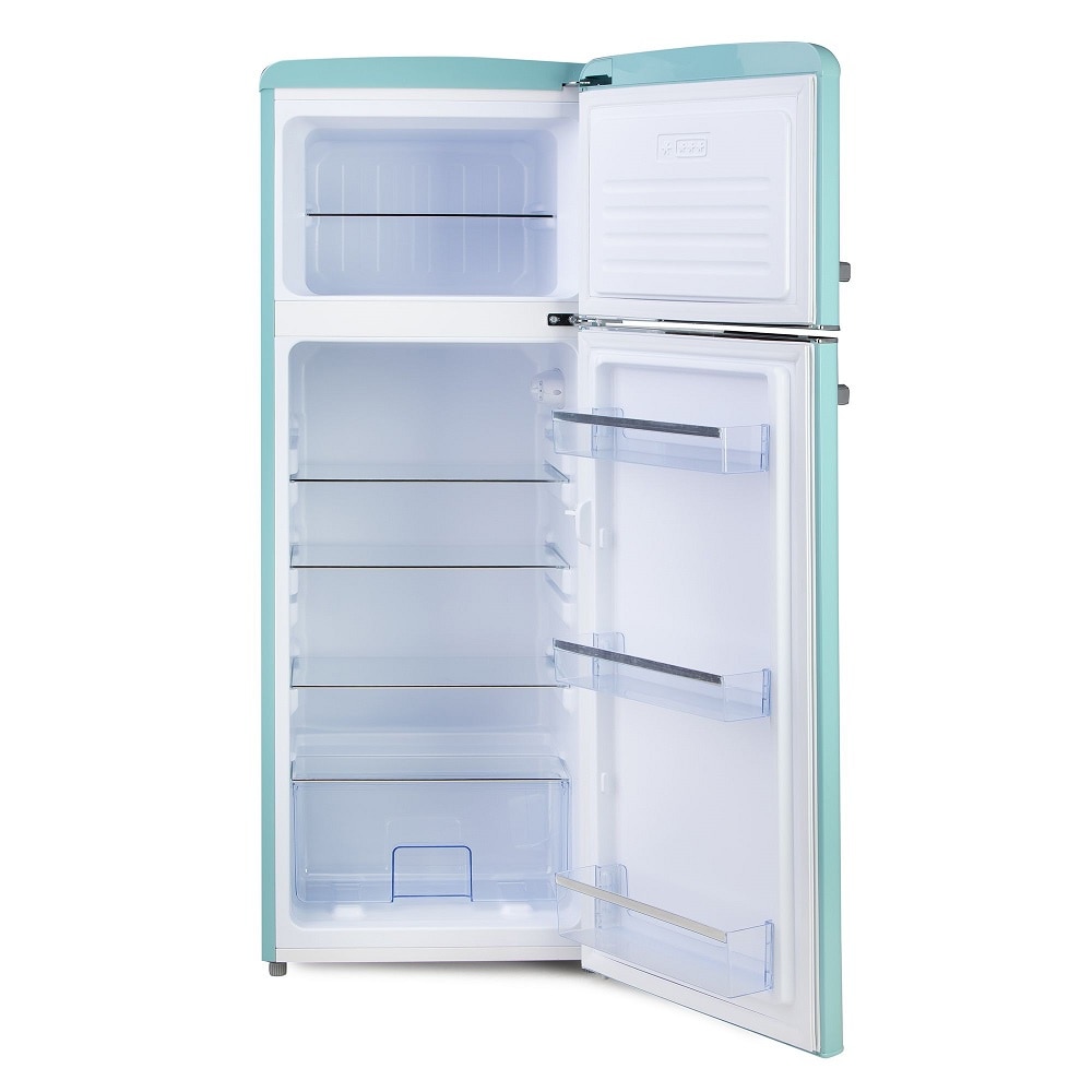 Frigider Retro DOMO, capacitate 206 litri, H 144.5 cm, congelator 44 litri, temperatura reglabila, 4 rafturi din sticla, 3 compartimente pe usa, compartiment fructe/legume, iluminare interioara, manere ergonomice, picioare ajustabile, blue pastel