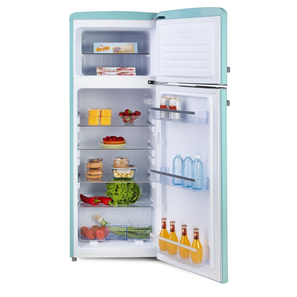 Frigider Retro DOMO, capacitate 206 litri, H 144.5 cm, congelator 44 litri, temperatura reglabila, 4 rafturi din sticla, 3 compartimente pe usa, compartiment fructe/legume, iluminare interioara, manere ergonomice, picioare ajustabile, blue pastel
