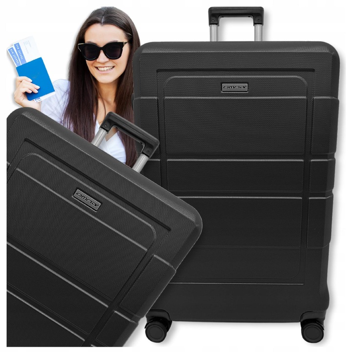 Kabinkocsi, Omna, 94 L, 49x30x76 cm, ABS, Kombinált, Teleszkópos fogantyú, Kombinációs zár, TSA kombináció, 4 pörgető kerék 360°-os forgatással, Kemény héj, Csomagpántok, Matt fekete