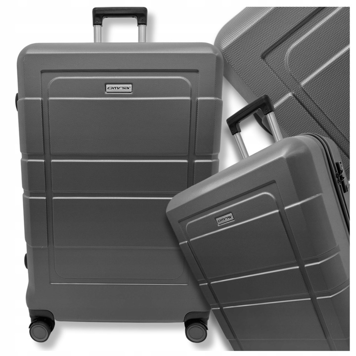 Kabinkocsi, Omna, 94 l, 49x30x76 cm, ABS, kód, teleszkópos fogantyú, kódzár, TSA kód, 4 kerék 360°-ban forgatható, kemény héj, csomagtartó hevederek, grafitszürke