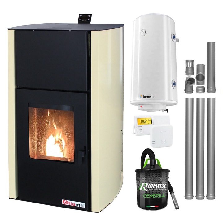 Set Termosemineu pe peleti Fiama Confort 12 kw, complet echipat pentru incalzire, Pompa, Vas expansiune, Automatizare, Boiler, Termostat Salus 091FLRFV2, Aspirator Cenusa si Kit evacuare 3.5 ml