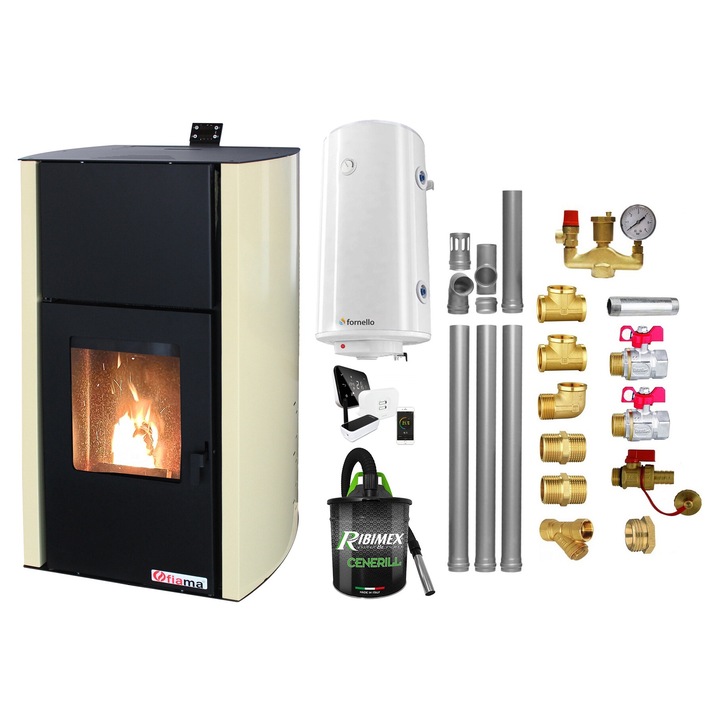 Set control de la distanta, Termosemineu pe peleti Fiama Confort 12 kw, complet echipat pentru incalzire, Pompa, Vas expansiune, Automatizare, Boiler 100 litri, Termostat Salus IT 500, Aspirator, Kit evacuare 3.5 ml si Fitinguri montaj