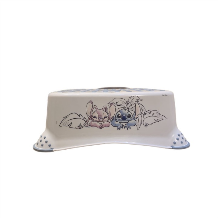 Inaltator baie pt copii, Lilo si Stitch, picioarele si suprafata superioara acoperite cu silicon anti alunecare, greutate max. 80kg, 30x20x12cm(L x l x h), alb-multicolor, varsta minima 3+ani