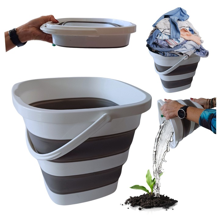 Galetusa Turistica 10L, Pliabila, Compacta, Universala, Din Silicon, Maner Confortabil, Usor De Depozitat, Ideal Pentru Camping, Tabara, Alb-Gri, Incapatoare