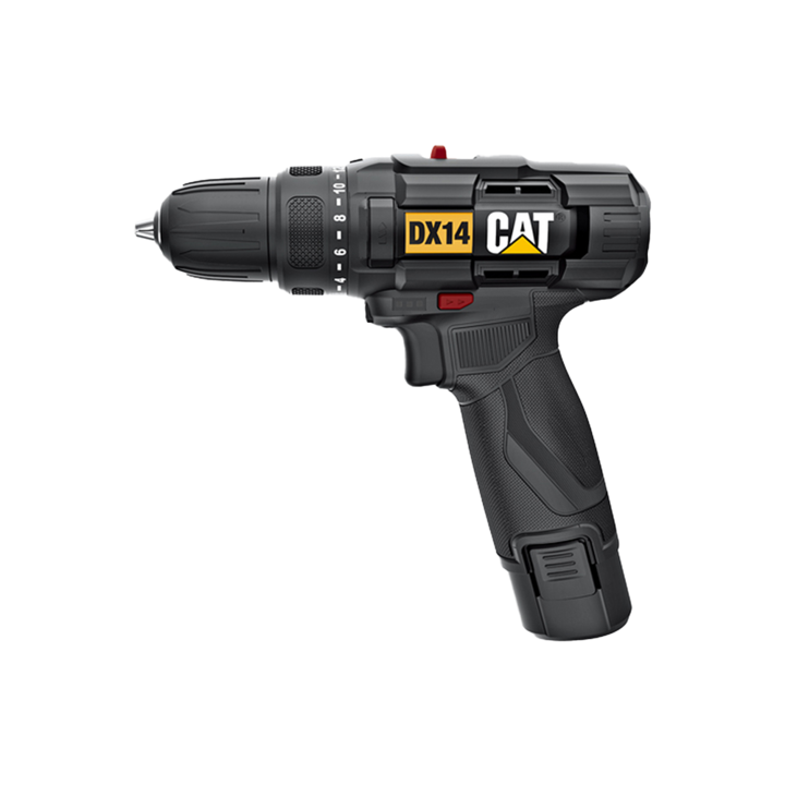 CAT DX14 fúró és csavarhúzó, 30 Nm, 2000 mAh akkumulátor, 12V, 8 mm fém, 20 mm fa, fekete