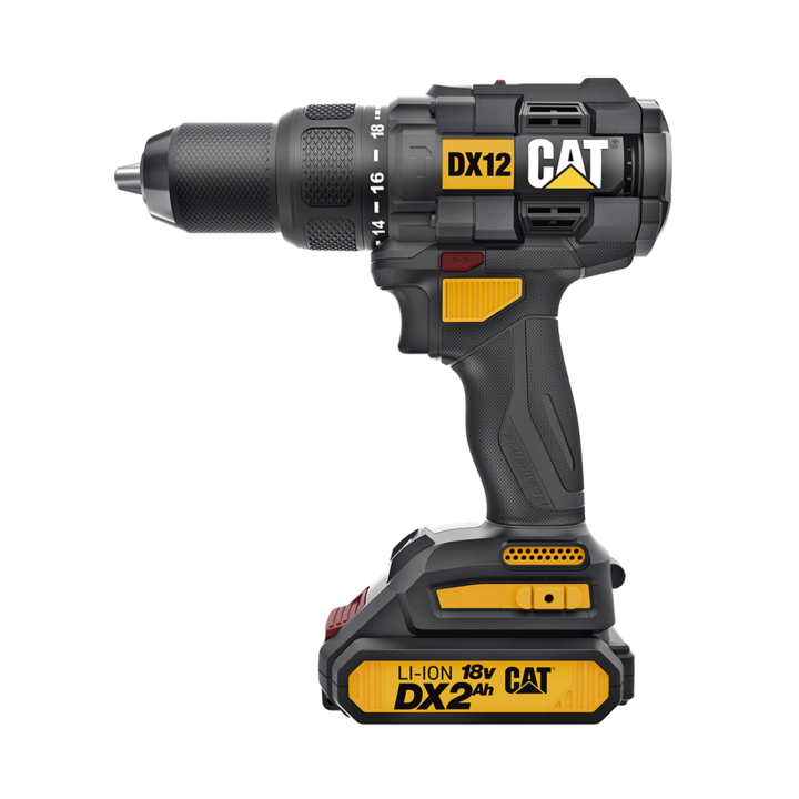 CAT DX12 fúró/csavarozó, 18V, 65 Nm, 2 elem, tok, fekete/sárga
