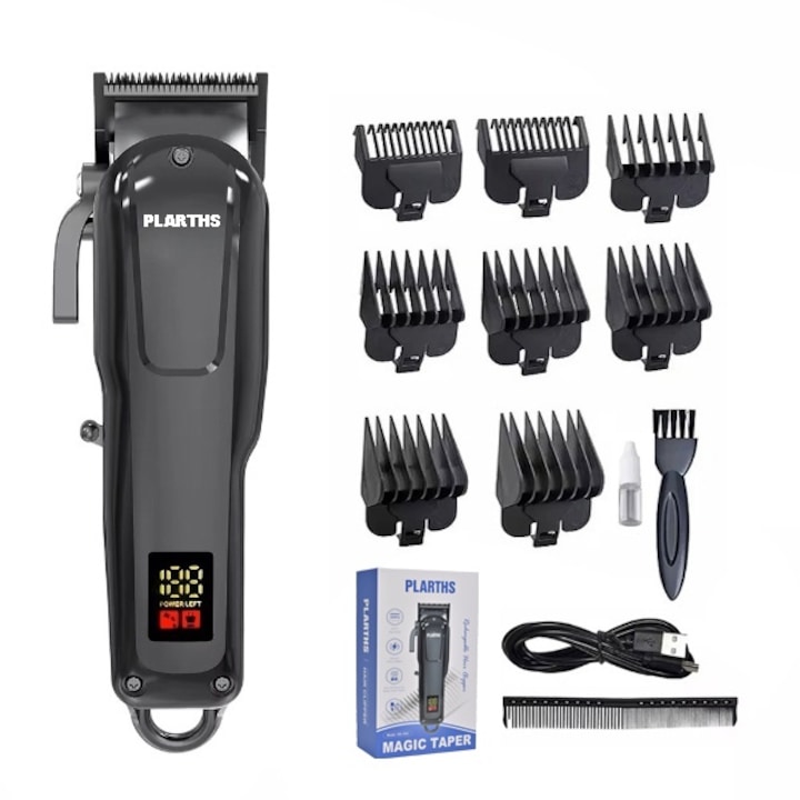 Masina de tuns parul profesionala, PLARTHS NG-1001, afisaj LED, 8 gratare 1.5-19mm, 1 pieptene, incarcare type C, negru