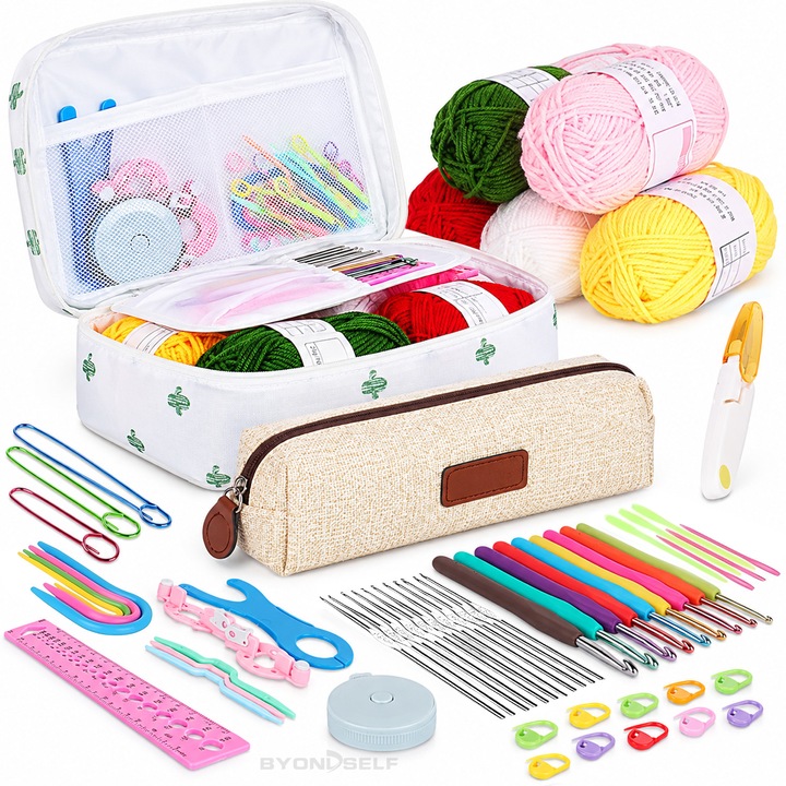 Kit de Crosetat, BYONDSELF®, 59 de Piese, cu Penar, Include Crosetat, Accesorii de Crosetat pentru Incepatori si Experimentati, Cadou Perfect pentru Bunica, Sotie si Familie