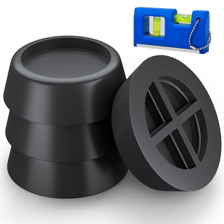 Set 4 Picioare Masina Spalat, BYONDSELF®, cu Nivela pentru Nivelarea Mobilierului, Antiderapant/Antivibratii, Universal, Cauciuc, pentru Masina Spalat, Uscator, Frigider, Mobilier, Negru