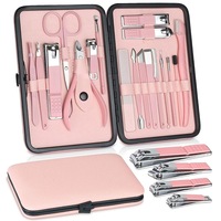 Trusa Manichiura Pedichiura, BYONDSELF®, Otel Inoxidabil, 18 Piese, Geanta Portabila de Depozitare, Foarfece, Penseta, Pila, Instrument pentru Cuticule, Roz