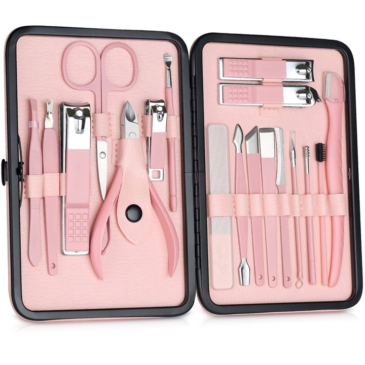 Trusa Manichiura Pedichiura, BYONDSELF®, Otel Inoxidabil, 18 Piese, Geanta Portabila de Depozitare, Foarfece, Penseta, Pila, Instrument pentru Cuticule, Roz