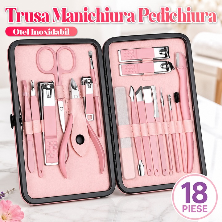 Trusa Manichiura Pedichiura, BYONDSELF®, Otel Inoxidabil, 18 Piese, Geanta Portabila de Depozitare, Foarfece, Penseta, Pila, Instrument pentru Cuticule, Roz
