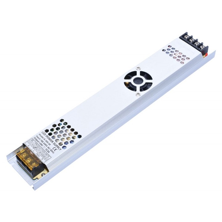 Sursa de alimentare metalica slim, tensiune iesire 24 V, 12.5 A, 300 W, elSales ELS-SRS2412, carcasa metalica, argintiu