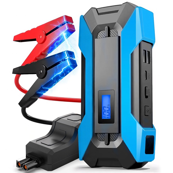 Starter Auto Multifunctional, BYONDSELF®, 10000mah, de 10-18 ori pornire rapida a masinii, 2000A, cu Adaptor pentru Bricheta EC5, Afisaj Digital, Geanta de Depozitare EVA, Lumina LED, Albastru