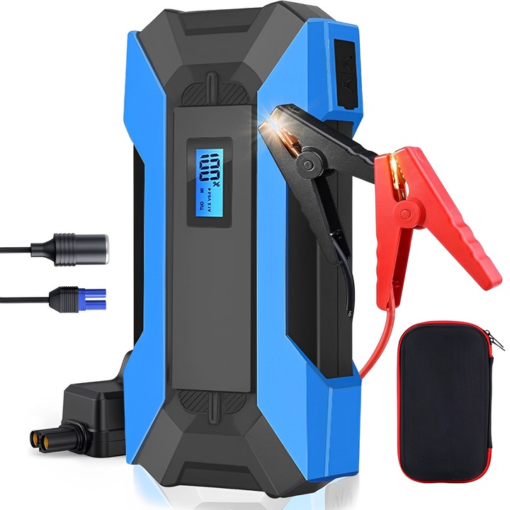 Többfunkciós Autóindító, BYONDSELF, 2000A, 37000mwh, EC5 Szivargyújtó Adapterrel, Digitális Kijelző, EVA Tárolótáska, LED Fény, Kék