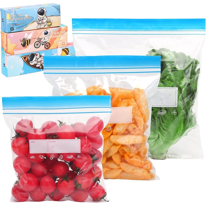 Set Pungi Ziplock pentru Congelator – 70 Piese, Organizator Bucatarie, Pungi Alimentare Mari (4.5L), Medii (2.25L) si Mici (1L)