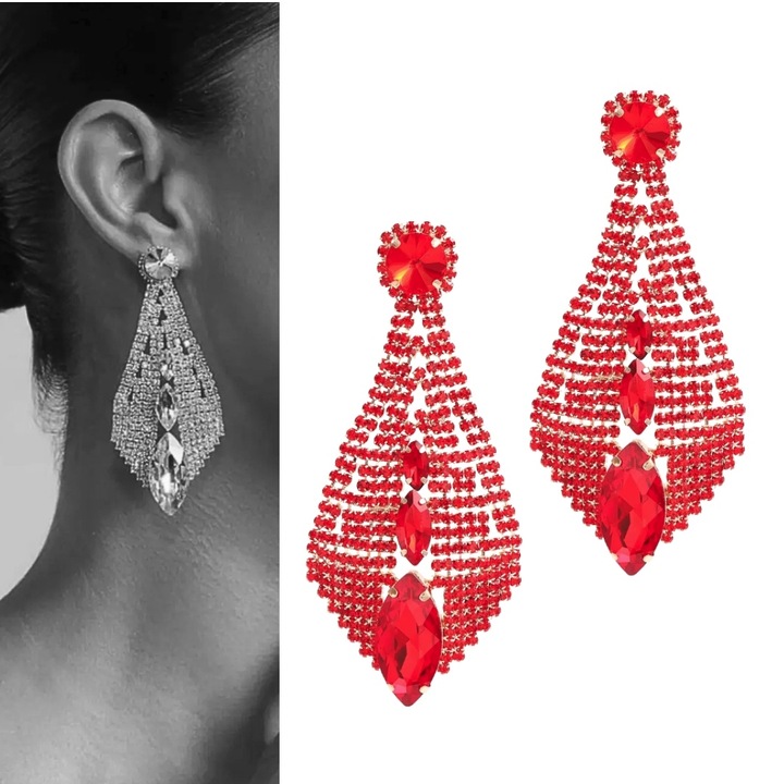 Cercei lungi spectaculosi, rosii si aurii, eleganti, XXL, mari si lungi