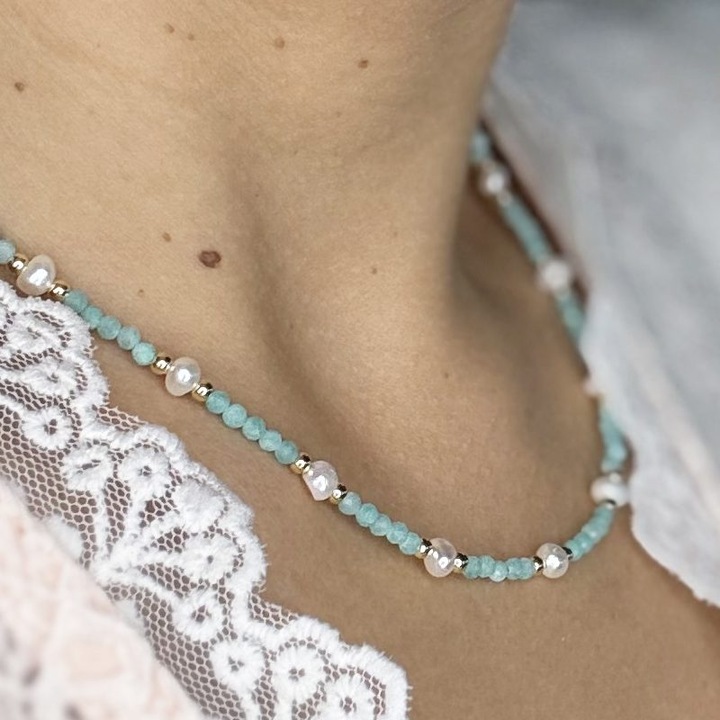 Colier Boho, Ezera, din pietre de Amazonit si Perle naturale, Bono, din cupru placat cu aur