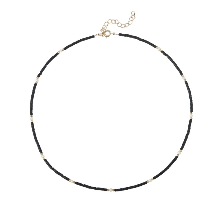 Colier Choker Ezera, din cristale de Agat Negru si Perle Naturale Lenny, alama placata cu aur