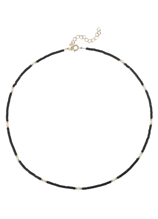 Colier Choker Ezera, din cristale de Agat Negru si Perle Naturale Lenny, alama placata cu aur