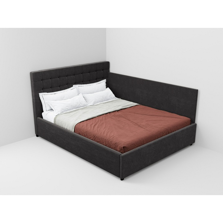 Pat tapitat de colt Monaco, cadru lemn si pal, 140x200 cm, negru, cu somiera fixa