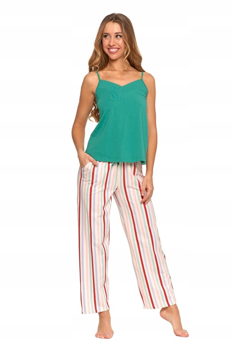 Дамска пижама Moraj, комплект тениска с тиранти и дълъг панталон, зелена и многоцветна, памук с еластан