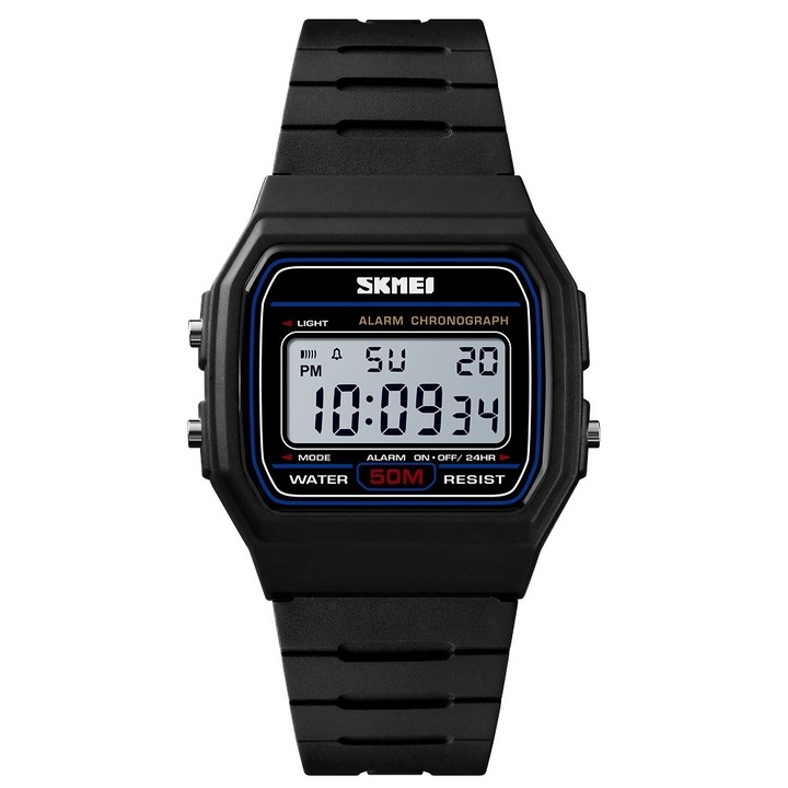 Ceas unisex Skmei 1412BKWT, digital, negru, cu iluminare LED, set cu cutie