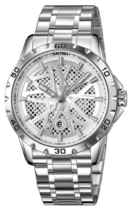 Мъжки часовник Skmei, триизмерен дизайн, гривна от неръждаема стомана, сребро, с кутия