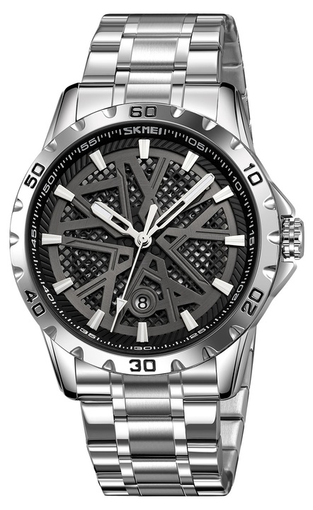 Мъжки часовник Skmei, триизмерен дизайн, гривна от неръждаема стомана, сребристо/черно, с кутия