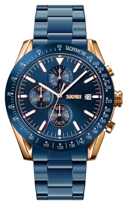 Ceas barbatesc Skmei 9253RGBU, cu carcasa din otel, bratara metalica, culoare maro si albastru, set cu cutie.