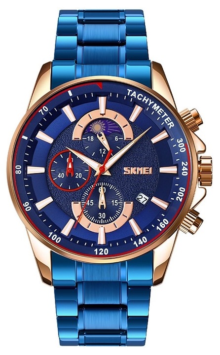 Мъжки часовник Skmei 9250RGBU, кварцов механизъм, стоманен корпус, регулируема гривна, син, размери 47x40x13 мм, комплект с кутия