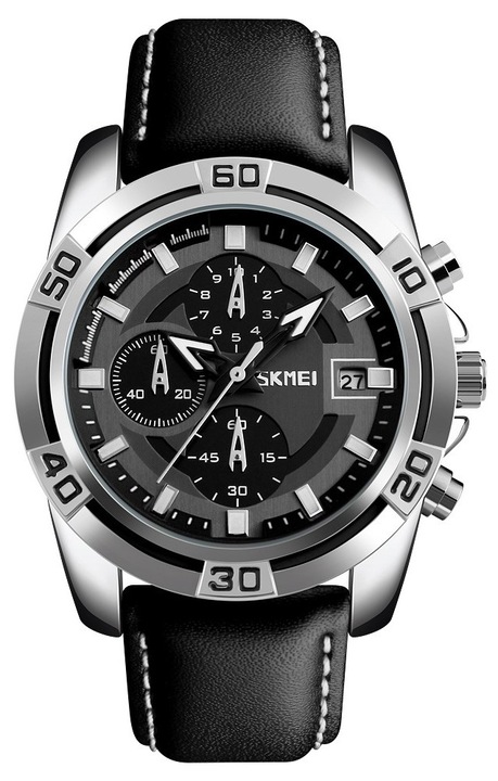 Мъжки часовник Skmei 9156SIBK, хронограф, каишка от естествена кожа, черен цвят, комплект с кутия