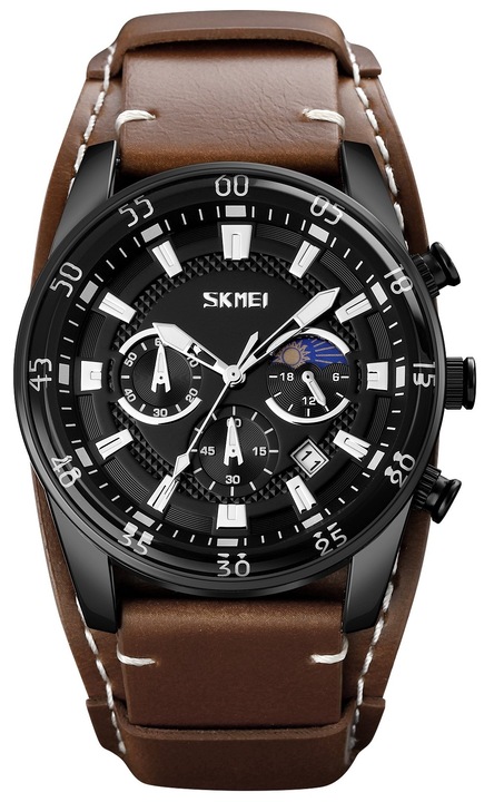 Мъжки часовник Skmei 9249BNBK, кафяв, кожена каишка, комплект с кутия