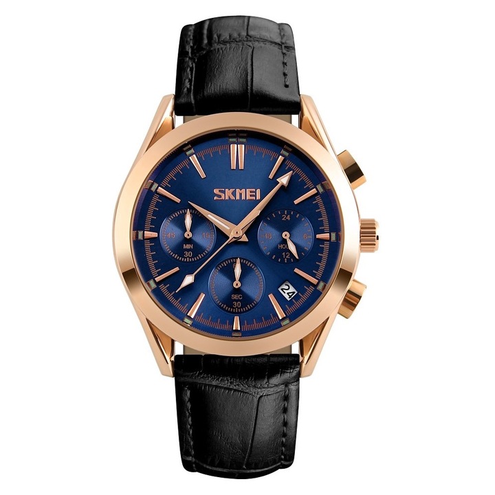 Мъжки часовник Skmei 9127BU, кварцов механизъм, метален корпус, каишка от естествена кожа, цвят мед, размери 40.5x32x13mm, комплект с кутия