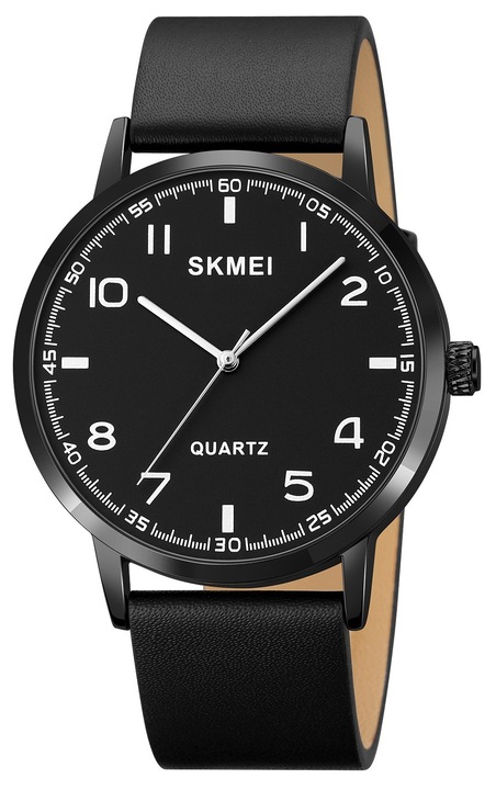 Мъжки часовник Skmei 1890BKBK, кварцов механизъм, каишка от естествена кожа, черен цвят, комплект с кутия