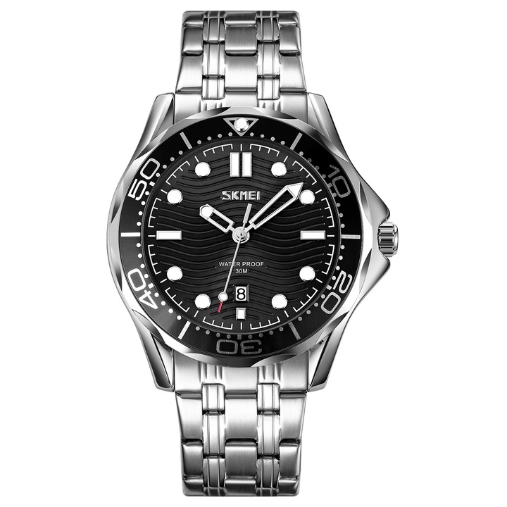 Мъжки часовник Skmei 9276, кварцов механизъм, стоманен корпус, регулируема гривна, сребрист цвят, размери 44x40x13 мм, комплект с кутия