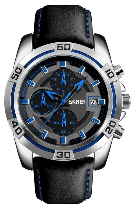 Мъжки часовник Skmei 9156SIBU, кварцов механизъм, каишка от естествена кожа, черен цвят, комплект с кутия