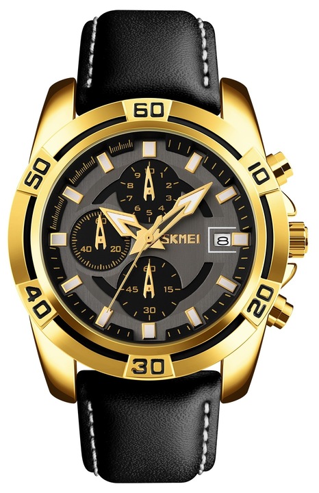 Мъжки часовник Skmei 9156GDBK, кварцов механизъм, каишка от естествена кожа, черен цвят, комплект с кутия