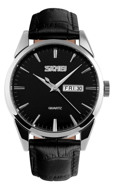 Мъжки часовник Skmei 9073SIBK-B, кварцов механизъм, каишка от естествена кожа, сребрист цвят, размери 39х12 мм, комплект с кутия