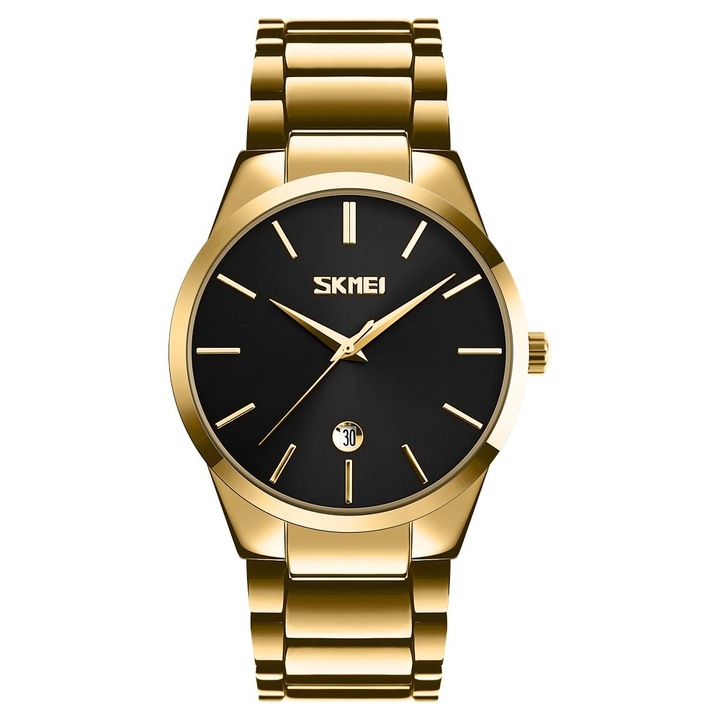 Мъжки часовник Skmei 9140GDBK, златна гривна, златен корпус, комплект с кутия