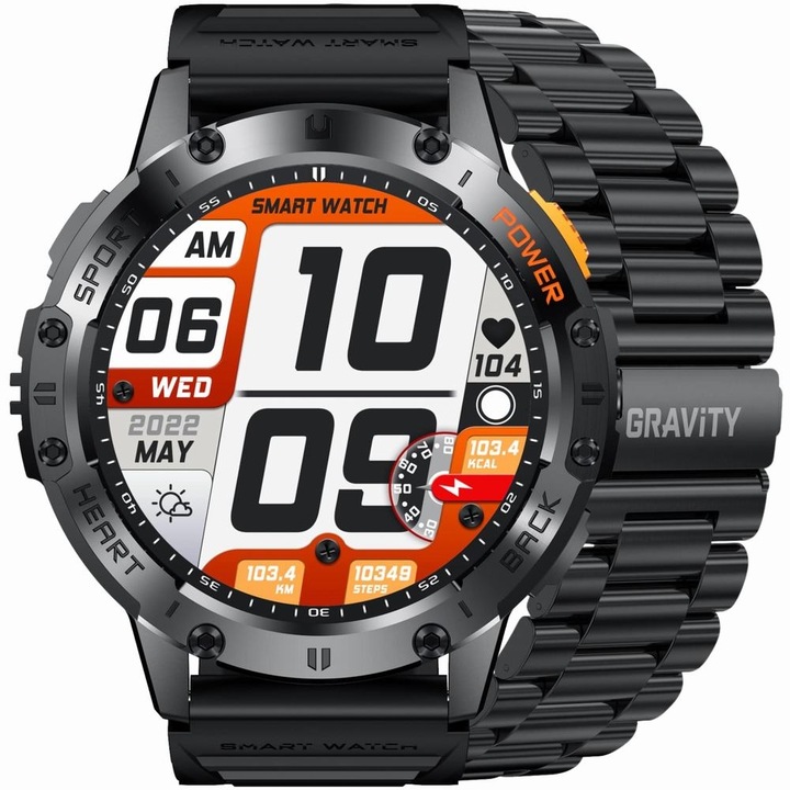 Smartwatch Gravity, 1.43 inch, negru, curea siliconica, bratara din inox