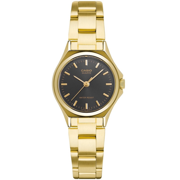 Дамски часовник Casio LTP-1130N-1ARDF, кварцов механизъм, златист корпус, гривна от неръждаема стомана, 26x7 мм