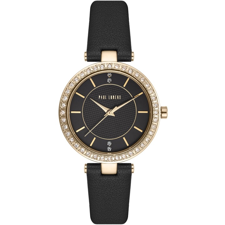 Ceas Dama Paul Lorens PL10995A2-1A2, mecanism quartz, carcasa aurie, curea piele neagra, set cu cutie