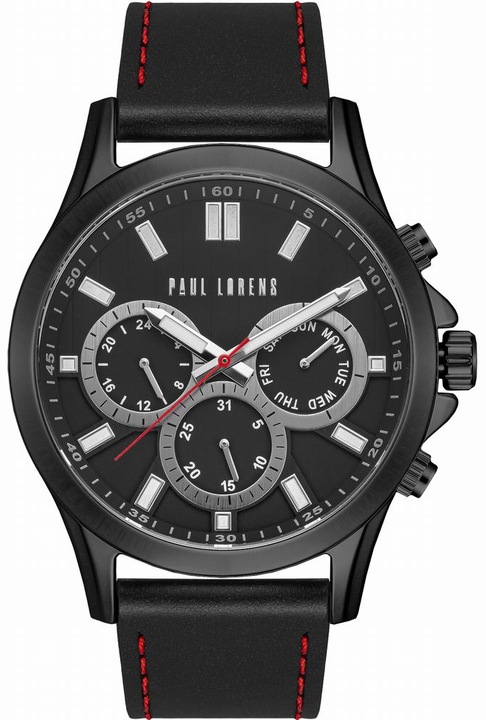 Мъжки часовник Paul Lorens PL8071A2-1A3, черна кожена каишка, черен корпус и циферблат, комплект с кутия