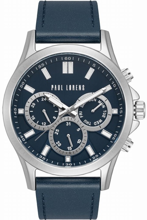 Мъжки часовник Paul Lorens PL8071A2-6F1, с хронограф, кожена каишка, син цвят, размери 44x12.8mm, комплект с кутия