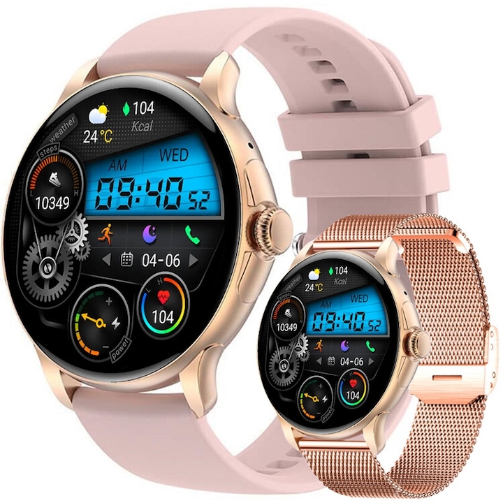 Smartwatch Rubicon RNCF35, Rose Gold, bratara mesh si curea roz, 1.46" AMOLED HD