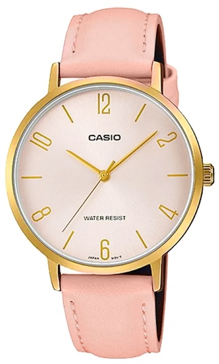 Ceas de mana pentru femei Casio LTP-VT01GL-4BUDF, cu carcasa aurie, bratara din piele pudrata, set complet